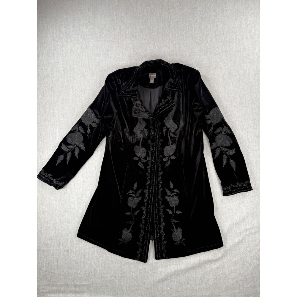 Chicos Travelers Collection Black Velvet Embroidered Floral Jacket Coat Size 1 M